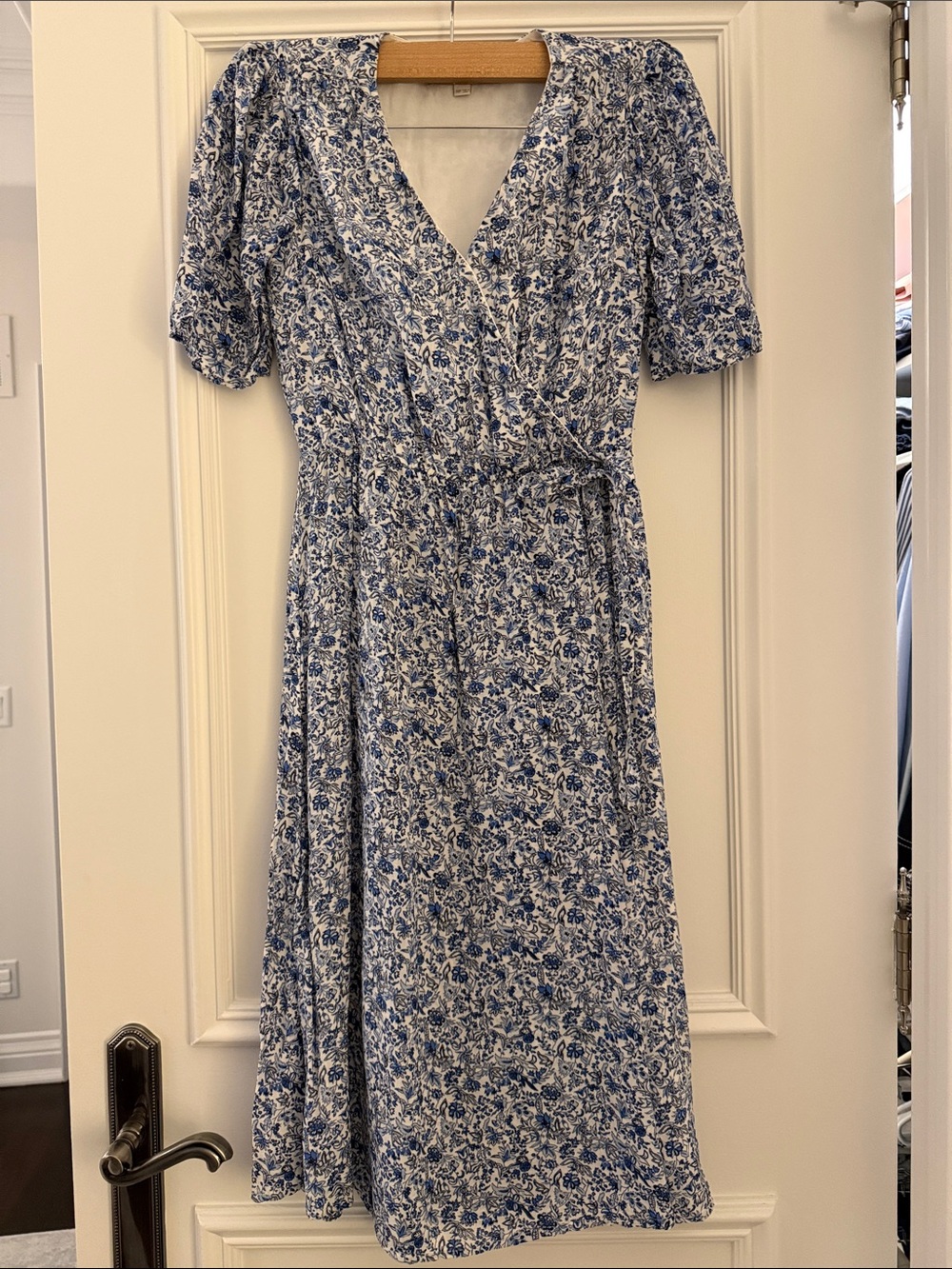 LOFT Blue and White Floral Wrap Midi Dress